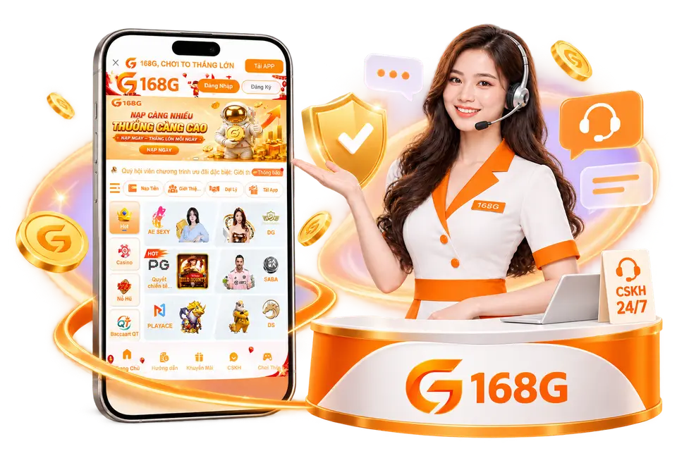 Điện thoại iPhone thế hệ mới hiển thị giao diện game 168G và nữ nhân viên chăm sóc khách hàng